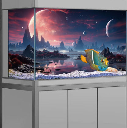 24X12IN Cosmic Spaceterrarium Background, Cool Parallel Space Themed Aquarium Reptile Habitat Background, Red Moon Aquarium Background with 10EVA Double-Sided Tape - color: space01, size: 24X12in/60X30cm