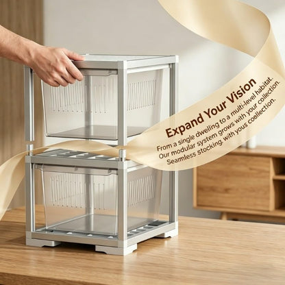 2-Tier Stackable Reptile Enclosure, Aluminum Frame Reptile Cage with Sliding Drawer Doors, Escape Proof Lock & Ventilation, Breeding Tank for Gecko Lizard Snake Juvenile Habitat, 13x15.5x18 Inches