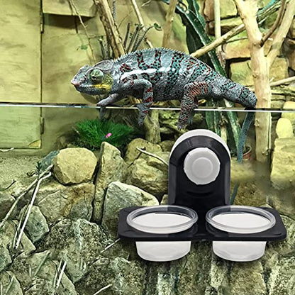 Crested Gecko Feeding Ledge with 20 Pcs Bowls, Suction Cup Reptile Feeder | Detachable Plastic Reptile Feeding Dish for Gecko Lizard Spider, Food & Water Feeding for Glass Tank Terrarium (Double) - style: Double