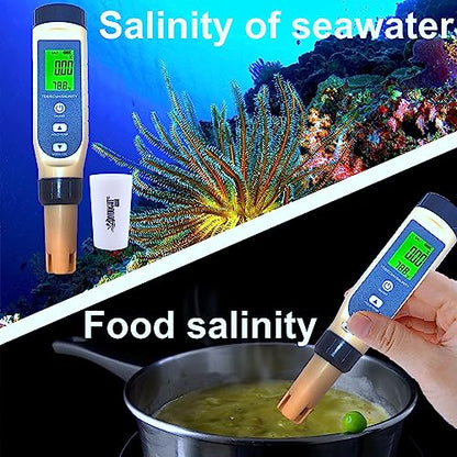 5-in-1 Water Quality Tester Pen Meter for Pools, Drinking Water, Aquariums, Hydroponic & Cooking - Measures PH, TDS, EC, Salinity & Temp with ATC Function - style: 5-in-1 liquid tester PH/TDS/EC/Salinity/Temp