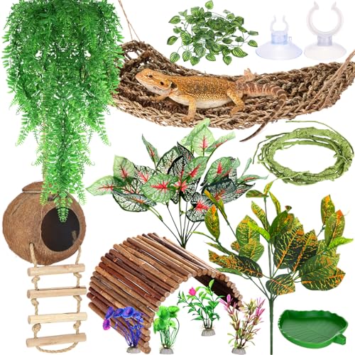 Foilswirl 18 Pcs Bearded Dragon Tank Accessories Reptile Bridge Hammock Plants Bridge Jungle Climber Vines Terrarium Branch Plants Habitat Decoration for Hiding Climbing Snake Gecko Lizard Chameleon