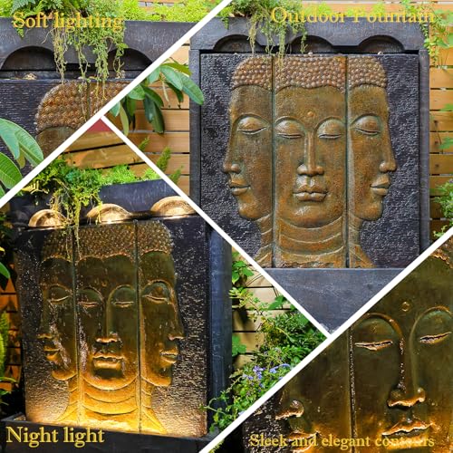 Tankana Zen Buddha Outdoor Fountain - Large Indoor Water Fountains Waterfall with Planting Groove Wall Water Feature for Garden Patio Backyard Deck Lawn Home Decor, 45 inchesTall, Gold