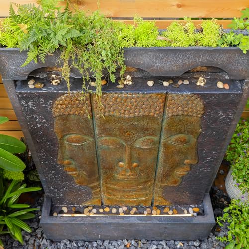 Tankana Zen Buddha Outdoor Fountain - Large Indoor Water Fountains Waterfall with Planting Groove Wall Water Feature for Garden Patio Backyard Deck Lawn Home Decor, 45 inchesTall, Gold