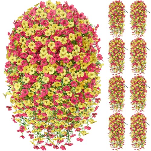 8PCS UV Resistant Silk Artificial Hanging Flowers for Outdoors | Mixed Color Relistic Fake Flowers for Outside,Patio,Porch,Front,Yard,Window,Garden,Indoor Decor(Hot Pink&Yellow) - color: Hot Pink&yellow, size: 8PCS