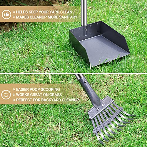 Dog Pooper Scooper, Dog Poop Tray and Rake Set with Long Stainless Handles | Pet Waste Removal Scoop with Adjustable Sectional Handles - color: Black/Blue