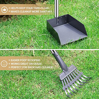 Dog Pooper Scooper, Dog Poop Tray and Rake Set with Long Stainless Handles | Pet Waste Removal Scoop with Adjustable Sectional Handles - color: Black/Blue