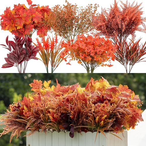 24PCS Artificial Fall Flowers Outdoors, Faux Maples & Mums for Outside | UV Resistant Artificial Flowers Plants for Outdoors Garden Patio Porch, Thanksgiving Autumn Decor Fall Decorations for Home - color: Orange Red Maple