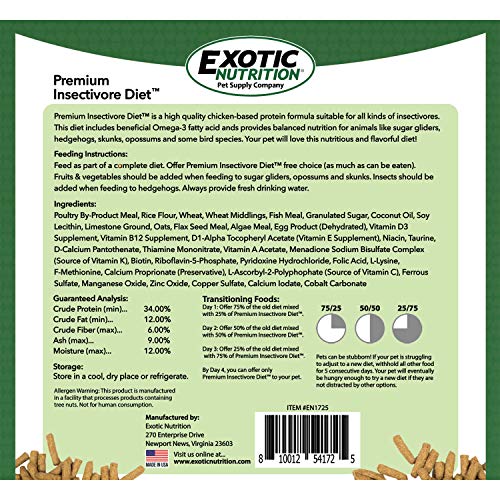 Premium Insectivore Diet (8 lb.) - Healthy Nutritious Chicken Based High Protein Pellet Diet - for Sugar Gliders, Hedgehogs, Opossums, Skunks & Other Insectivores - size: 8 Pound (Pack of 1)