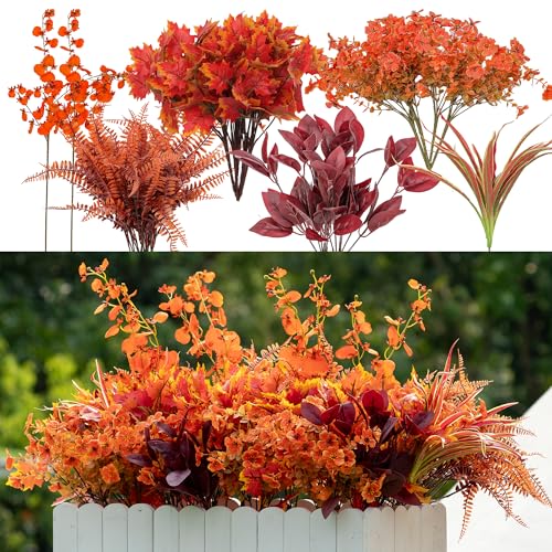 17PCS Artificial Fall Flowers Outdoors, Autumn Faux Orchids & Mums Outside | UV Resistant Artificial Flowers for Outdoors Plant for Garden Patio Porch Thanksgiving Autumn Decor Fall Decorations for Home - color: Orange Orchid
