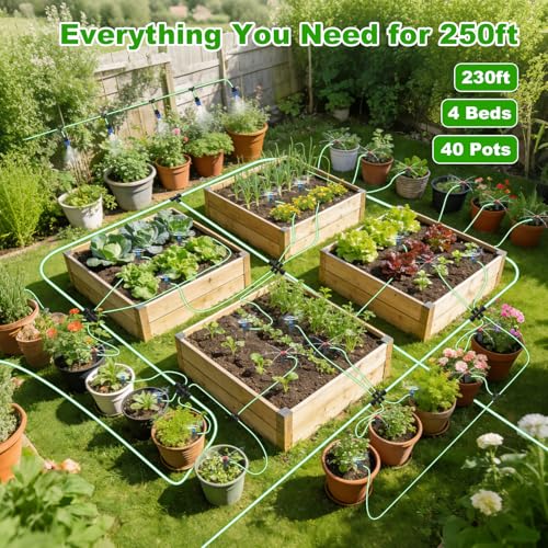 236FT Drip Irrigation System Kit New Quick-Connect, Automatic Garden Watering Misting System for Greenhouse, Yard, Lawn, Plant with 5/16 inch Hose 1/4 inch Distribution Tubing and Accessories - size: 236FT
