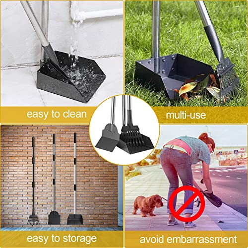 Pooper Scooper for Dogs, Metal Poop Scooper Tray and Rake Set with Adjustable Long Handle, Dog Pooper Scooper for Pet Waste Removal - color: Silver & Black