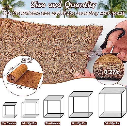 3 Rolls Reptile Carpet 24x48 Inch Coconut Fiber Mat for Tank Bedding | Natural Coconut Fiber Reptile Carpet Liner Flooring, Absorbent & Reusable For Bearded Dragons, Tortoises, Lizards & Geckos - size: 3 Pcs (24X48in)