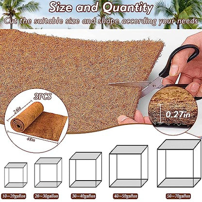 3 Rolls Reptile Carpet 24x48 Inch Coconut Fiber Mat for Tank Bedding | Natural Coconut Fiber Reptile Carpet Liner Flooring, Absorbent & Reusable For Bearded Dragons, Tortoises, Lizards & Geckos - size: 3 Pcs (24X48in)