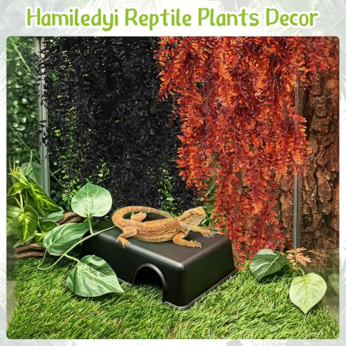 Hamiledyi Reptile Plants Hanging Terrarium Plants 4 Pack Fake Artificial Leaves with Suction Cup for Snake, Lizard, Chameleon (Red & Black) | 4 Pack Fake Artificial Leaves with Suction Cup, Snake Foliage, Reptile & Amphibian Habitat Plants for Chameleon (