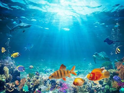 30X12IN Aquarium Under The Sea Coral Reef Scenery Backdrop Terrarium Underwater Marine Organism Fish Tank Background with 10EVA Double-Sided Tape, Blue02 - size: 30X12in/75X30cm