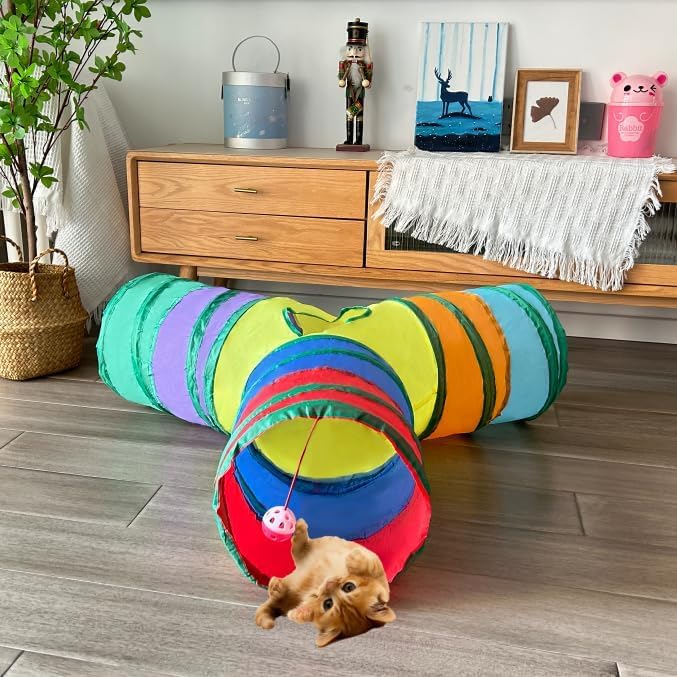 3-Way Collapsible Cat Tunnel Tube Toy Rainbow Y — Interactive Play Tunnel with Hanging Ball & Peek Hole for Indoor Cats, Kittens, Puppies & Rabbits | Hours of Fun & Exercise - color: Rainbow Y