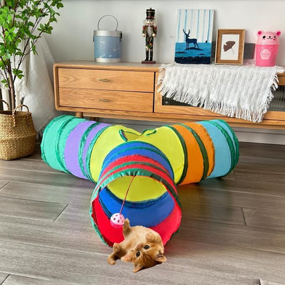 3-Way Collapsible Cat Tunnel Tube Toy Rainbow Y — Interactive Play Tunnel with Hanging Ball & Peek Hole for Indoor Cats, Kittens, Puppies & Rabbits | Hours of Fun & Exercise - color: Rainbow Y