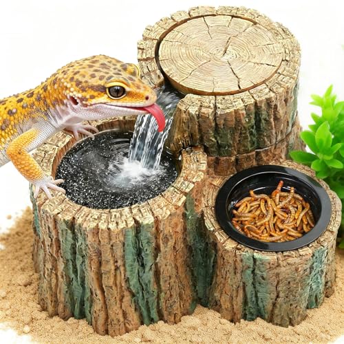 MIXJOY 2 in 1 Reptile Water Fountain with Food Dish 550ML, Reptile Waterfall Drinking Fountain with Adjustable Flow, Natural Resin, Reptile Water Dispenser for Bearded Dragon Gecko Lizard Chameleon