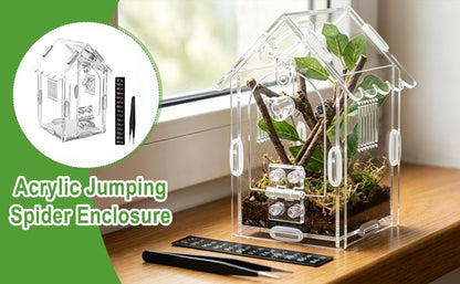Jumping Spider Enclosure, Acrylic Terrarium with Magnetic Front Door, Includes Tweezers and Aquarium Thermometer Strip, Habitat for Mantis, Arboreal Tarantulas & Snails