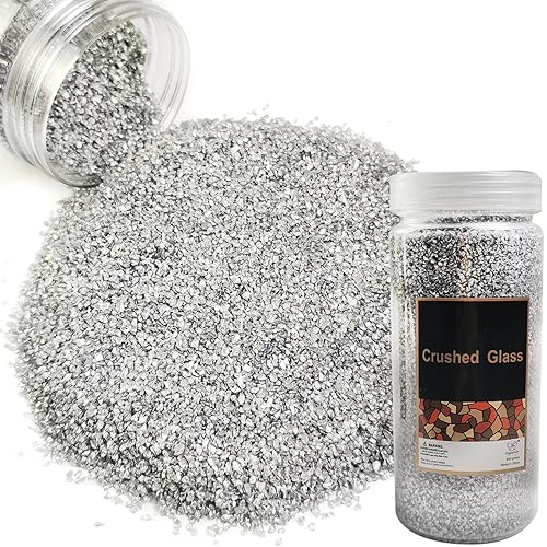 HappyFiller 1.3 LB Fine Silver Crushed Glass Sand 1-2mm,Broken Pieces Terrarium Mini Stone for Resin Arts,Nail Glitter,Craft Paint Coaster and Other Project,Plant Soil Cover,Vase Filler,Candle Holder | Vase Fillers,Candle Holder Decor,Resin Arts,Nail Glit