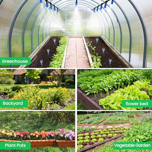 MIXC 65FT Greenhouse Watering System- Quick Efficient Connector Hanging Plant Watering System Automatic Mist Irrigation Kit with 1/4" Blank Tubing and Misting Nozzles - size: 65FT(Updated)