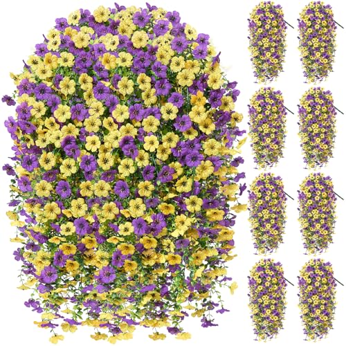 8PCS UV Resistant Silk Artificial Hanging Flowers for Outdoors | Mixed Color Relistic Fake Flowers for Outside,Patio,Porch,Front,Yard,Window,Garden,Indoor Decor(Purple&Yellow) - color: Purple&yellow, size: 8PCS