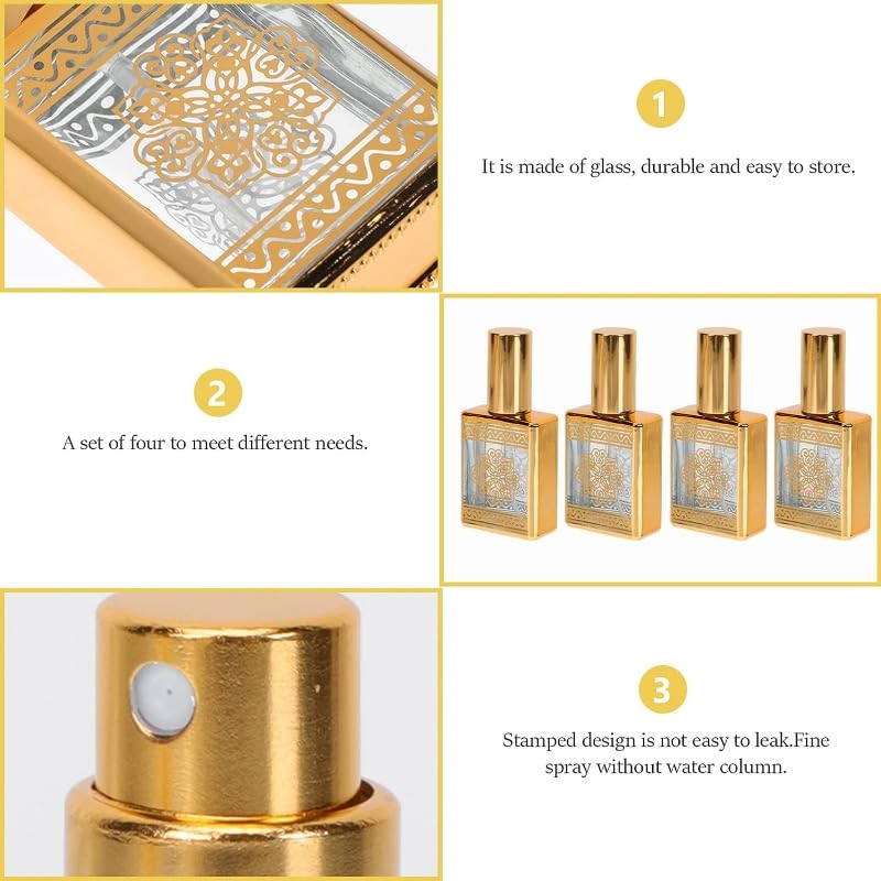 4PCS Perfume Bottle Spray Refillable Glass Spray Bottles Terrarium Travel Refillable Mini Perfume Glass Containers Packaging (Golden)