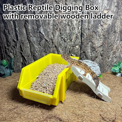 Reptile Digging Box Plastic Leopard Gecko Burrowing Habitat Hide Box with Wooden Ladder Compatible with Terrariums Tailored for Juvenile Bearded Dragons and Snake in Compact Setups (Yellow) - color: Yellow