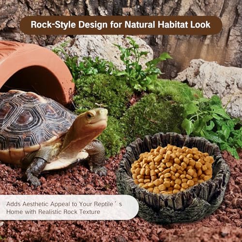 1 Pack Small Reptile Food Dish Resin Rock Worm Water Bowl for Bearded Dragon Leopard Gecko Lizard Hermit Crab Snail Frog Toad Anti Turnover Feeding Accessories Set