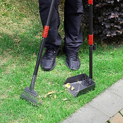 Dog Pooper Scooper, Dog Poop Tray and Rake Set with Long Stainless Handles | Pet Waste Removal Scoop with Adjustable Sectional Handles - color: Black/Red