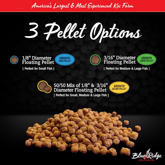 Blue Ridge Koi Fish Food 14lb - Koi Food 3/16” Large and Mini Blend Growth Formula, Goldfish Food, Premium Fish Food for Ponds, Ponds Fish Food, Floating Pond Pellets - size: 14 Pound (Pack of 1)