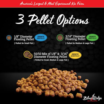 Blue Ridge Koi Fish Food 14lb - Koi Food 3/16” Large and Mini Blend Growth Formula, Goldfish Food, Premium Fish Food for Ponds, Ponds Fish Food, Floating Pond Pellets - size: 14 Pound (Pack of 1)