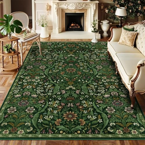 Floral Area Rug 6x9 Botanical Washable Carpet for Living Room | Low-Pile, Non-Slip, Stain Resistant, Washable Green Boho Rug, Soft, Non-Shedding, for Bedroom, Dining Room, Office, Nursery - color: Dark Green, size: 6' x 9' (Rectangular)