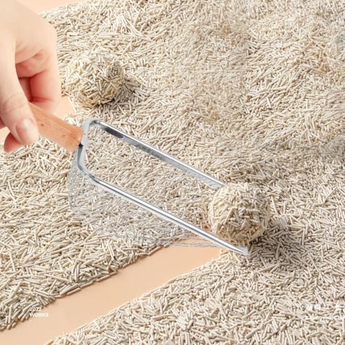 Hemobllo Mesh Cat Litter Scoop with Wood Handle, Stainless Steel Reptile Waste Shovel, 5x5mm Sifter for Cat and Small Pet Litter Cleaning