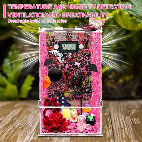 Jumping Spider Enclosure,DIY Insects Habitat,Small Reptile Terrarium Glass House Accessories Set,with Temperature and Humidity Detector Water Feeder Platform Hide,5.5“x5.5”x9.5“ (Pink) - color: Pink