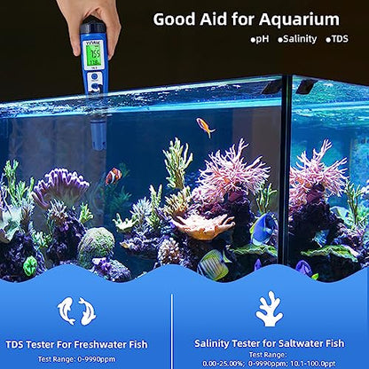 pH Salt Meter 5 in 1 pH TDS EC Salinity Tester for Pool Spa Aquarium | Swimming Pool Salinity Meter for Hydroponic Household Drinking Water Hot Tub Home Brewing Fish Tank… - color: 5 IN 1 Blue Color