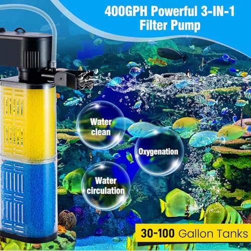 3-in-1 Aquarium Filter for 30-100 Gallons Fish & Turtle Tank Filter | Bio-Sponge Filter 18W 400GPH Quiet Submersible Pump, Easy Clean & Install, Adjustable Bubbles for Aeration, Water Circulation