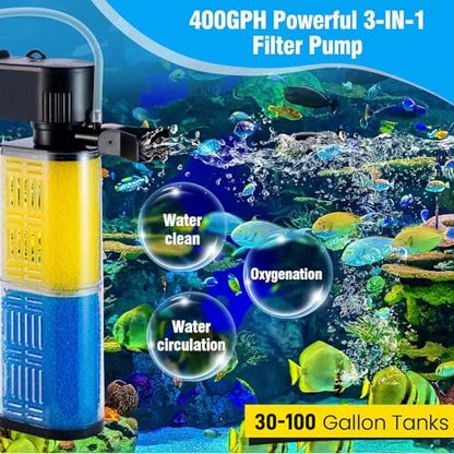 3-in-1 Aquarium Filter for 30-100 Gallons Fish & Turtle Tank Filter | Bio-Sponge Filter 18W 400GPH Quiet Submersible Pump, Easy Clean & Install, Adjustable Bubbles for Aeration, Water Circulation