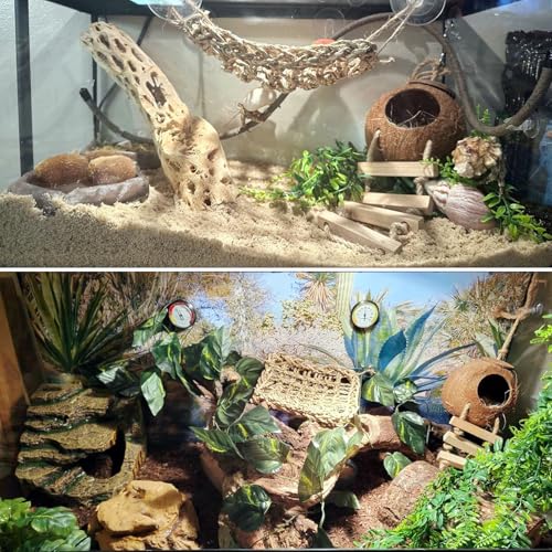 5PCS Coconut Hut for Gecko, Lizard Coco Den with Ladder and Reptile Hammock Bearded Dragon Tank Accessories Climbing Hanging Plants Jungle Vine Flexible Reptile Leaves Decor - style: 【Style A】