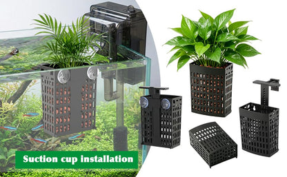 4 Pcs Aquarium Plant Holder, Adjustable Fish Tank Plant Holder with Hooks and Suction Cup, Fits Tank Edges up to 2.36 in, Accessory for Aquarium & Aquaponic Plant Cultivation Decor (Black)