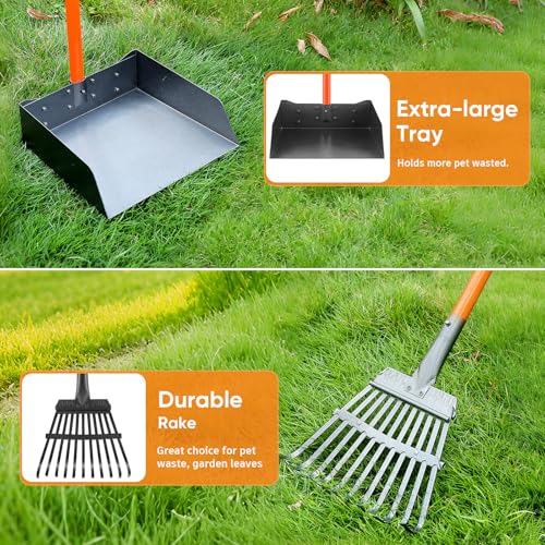 Pooper Scooper for Large Dogs, Heavy Duty Long Handle XL Metal Rake & Tray | Fits Multiple Pets,Stainless Steel, Rust-Proof, 38.5" Extended Reach, for Grass Dirt Gravel, Heavy Duty, No Bending Required - color: Orange, size: Extra Large
