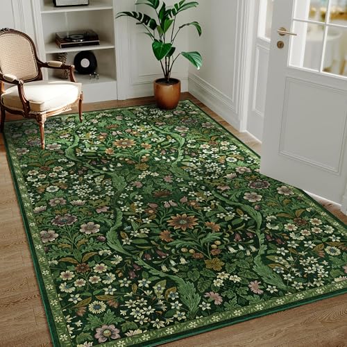 4x6 Floral Area Rug Soft Low Pile Boho Carpet for Living Room | Low-Pile, Non-Slip, Stain Resistant, Green Non-Shedding Indoor Carpet, Soft Washable Rug, for Girls' Room, Office, Entrance - color: Dark Green, size: 4' x 6' (Rectangular)