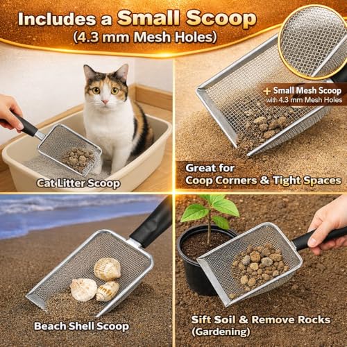 Chicken Poop Scooper & Rake 3-in-1, Adjustable Long Handle (32–63"), 12" Wide Dual-Mesh Sifting Shovel + Mini Fine-Mesh Sifter Scoop, Stainless Steel Coop Litter Scoop for Sand/Shavings/Pellets