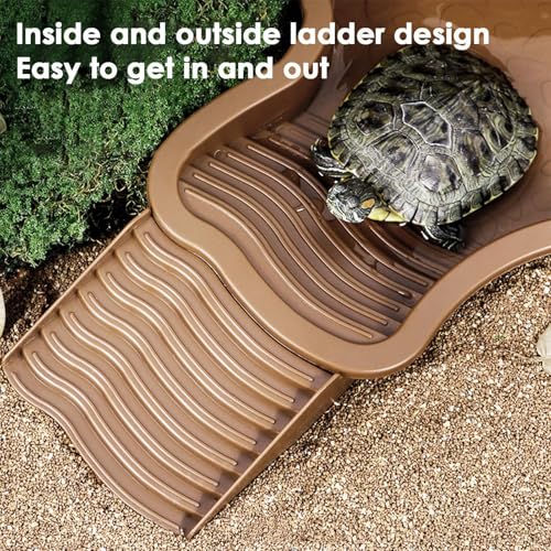 Reptile Water Pool Aquarium Ornament | Turtle Soaking Tub with Ladder Turtle Pool Scenery for Gecko, Turtle, Bearded Dragon, Aquatic Climbing Pet, Amphibians - color: Red Brown