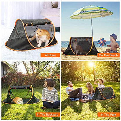 Portable Cat Mesh Tent Pet Cage,Pop Up Crate,Foldable Kennel,Indoor,Outdoor,Comfy Puppy House-Washable Fabric for Small Animals with 2 Cat Toys, Carry Bag & 2 Stakes