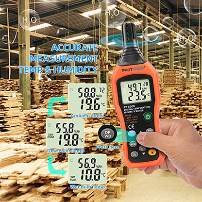 PT6508 Temperature Humidity Meter - Wet Bulb for Indoor/Outdoor | Digital Thermometer Hygrometer Monitor with Ambient, Dew Point, MIN, MAX, Data Hold, LCD Backlight - size: PT6508