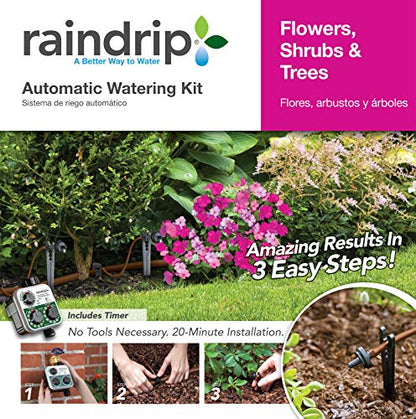 Raindrip SDFSTH1P Automatic Drip Irrigation Watering Kit with Timer for Flowers, Shrubs, and Trees, Waters up to 10 Plants, Includes Timer with Customizable Settings, 2 GPH Drippers - color: Timer, style: Flowers, Shrubs & Trees
