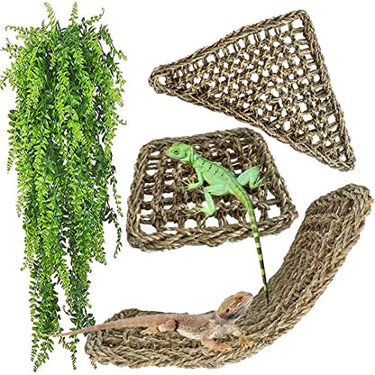 Reptile Hammock,Large Lizard Lounger,Bearded Dragon Tank Accessories Natural Seagrass Hammocks Hanging Flexible Climbing Vines Decoration for Gecko Snakes Chameleon(4 PCS)
