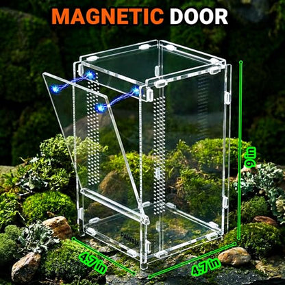 Jumping Spider Enclosure, Acrylic Terrarium with with Magnetic Doors, 0.8mm Micro-Ventilation, Stackable Escape-Proof Habitat for Jumping Spiders, Tarantulas & Small Reptiles, 4.7"x4.7"x8" - size: 1Pack, 4.7"x4.7"x8"