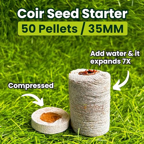 Organic Coco Coir Seed Starter Pellets NPK Enriched 50 Pcs, 35mm Perfect to Grow Herbs, Vegetables, Flowers,Fruits Seedlings, Compressed Coconut Coir Soil Plugs - Easy to Transplant in Pot - size: 50 Pack - NPK Enriched Seed Starter Pellets